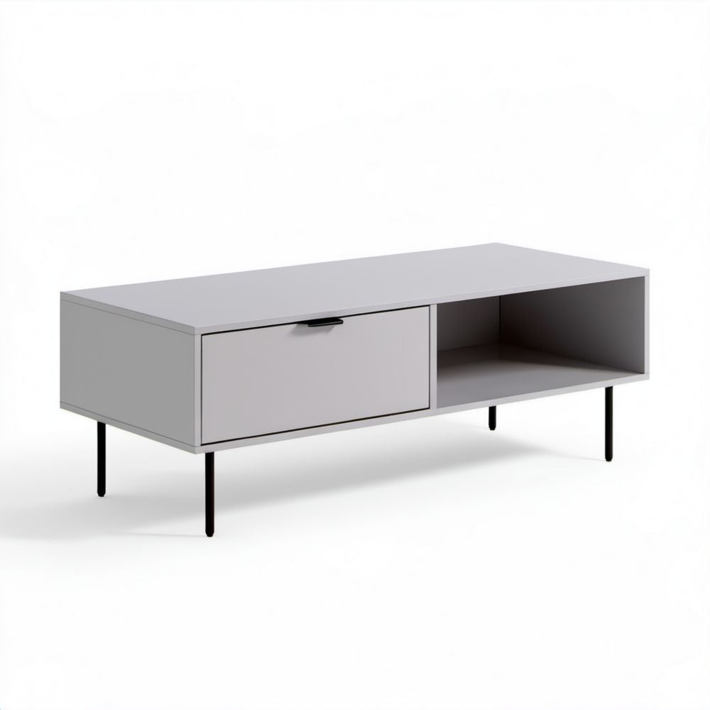Szary stolik kawowy z płyty laminowanej 120 × 60 × 40 cm z szufladą i otwartą półką