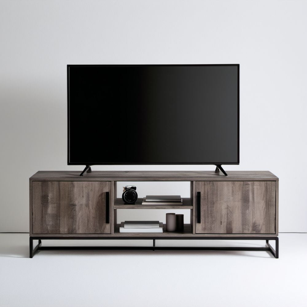Szafka RTV z przesuwnymi drzwiami, szary dąb/czarna stal, 160 x 40 x 55 cm