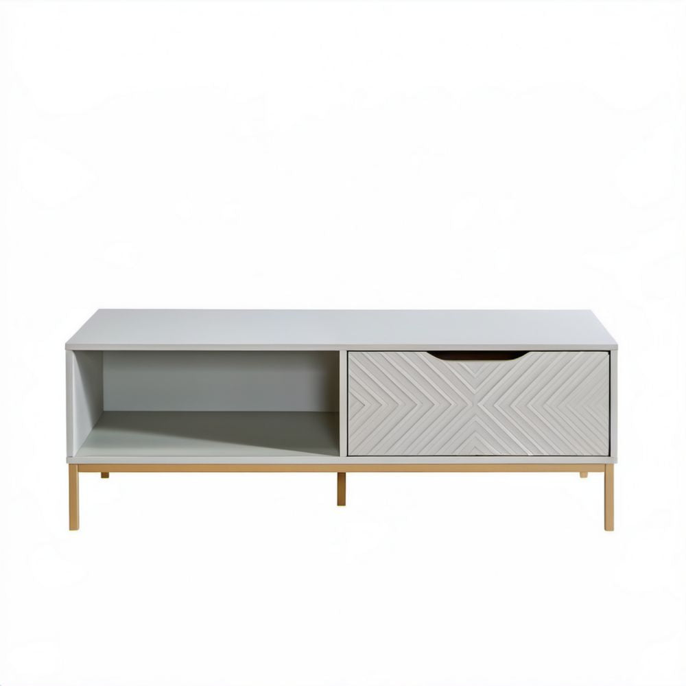 Prostokątny stolik kawowy MDF z szufladą, jasnoszary i złoty, 100 x 40 x 45 cm