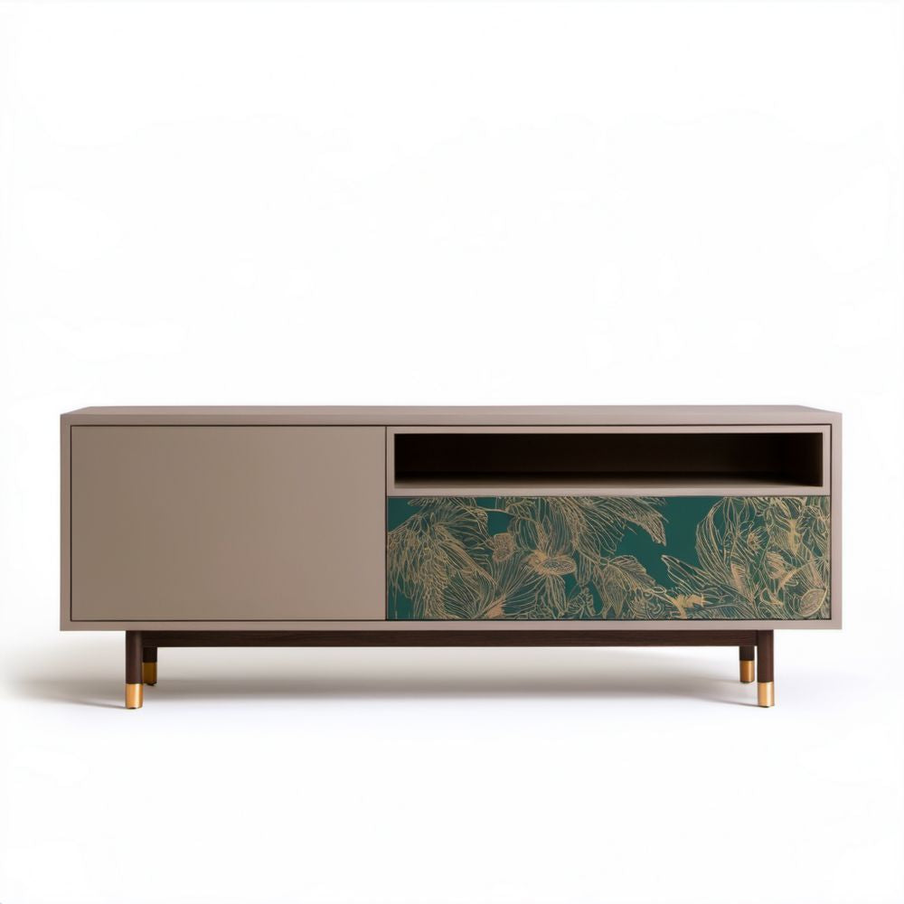 Szafka RTV MDF 160 x 40 x 60 cm szarobeżowa z ciemnozielonym frontem