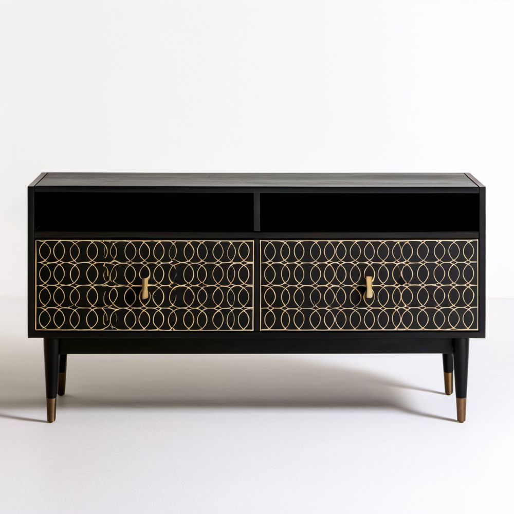 Czarna szafka RTV z płyty MDF ze złotym wzorem, 120 x 40 x 70 cm