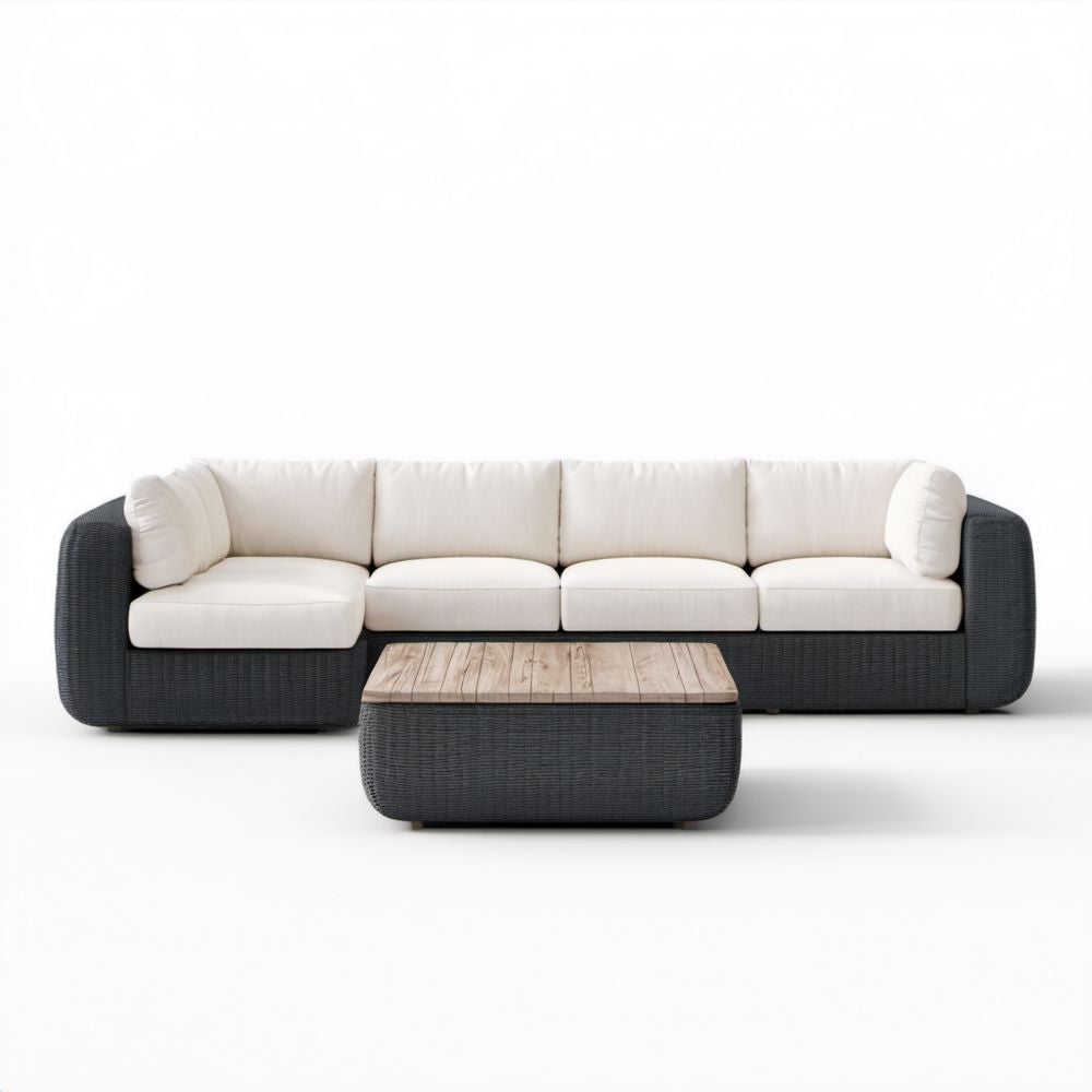 4-osobowy ogrodowy zestaw wypoczynkowy z technorattanu – sofa 280 x 85 x 72 cm i stolik 110 x 60 x 36 cm, czarny/kremowy