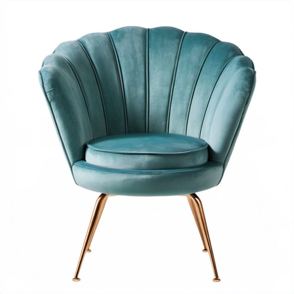 Fotel muszelka turkusowy z aksamitu na złotych stalowych nogach, 82 × 78 × 92 cm