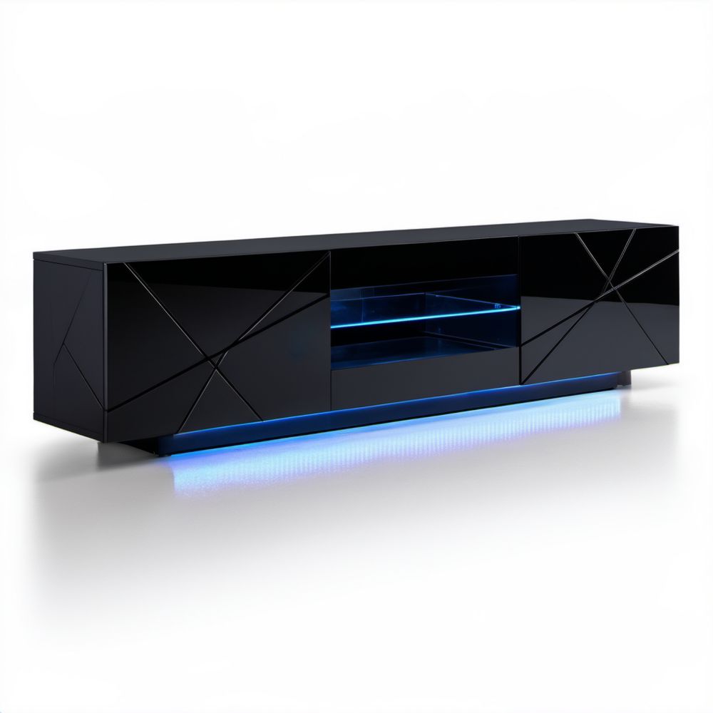 Czarna szafka RTV z płyty laminowanej z niebieskim oświetleniem LED, 160 x 40 x 40 cm