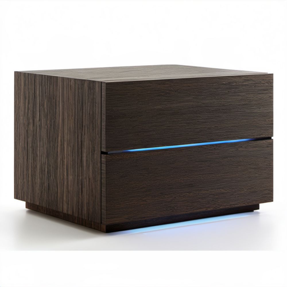 Ciemnobrązowa szafka nocna MDF z 2 szufladami i niebieskim oświetleniem LED, 50 × 40 × 45 cm