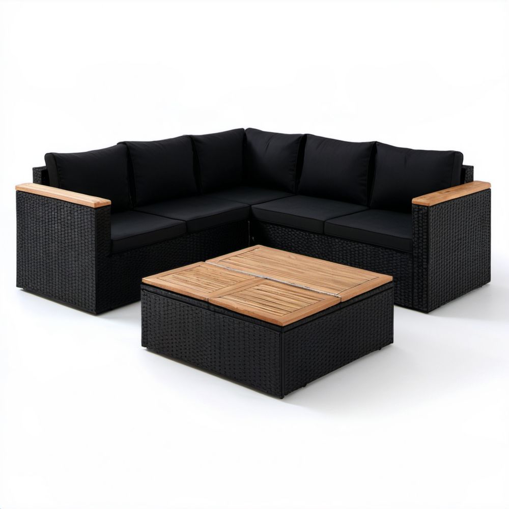 3-częściowy narożny zestaw ogrodowy z technorattanu, czarny/naturalne drewno, sofa 196 × 196 × 63 cm