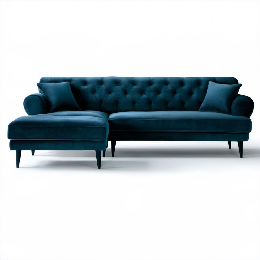 Granatowa sofa narożna z lewym szezlongiem z aksamitu poliestrowego, 260 × 160 × 85 cm