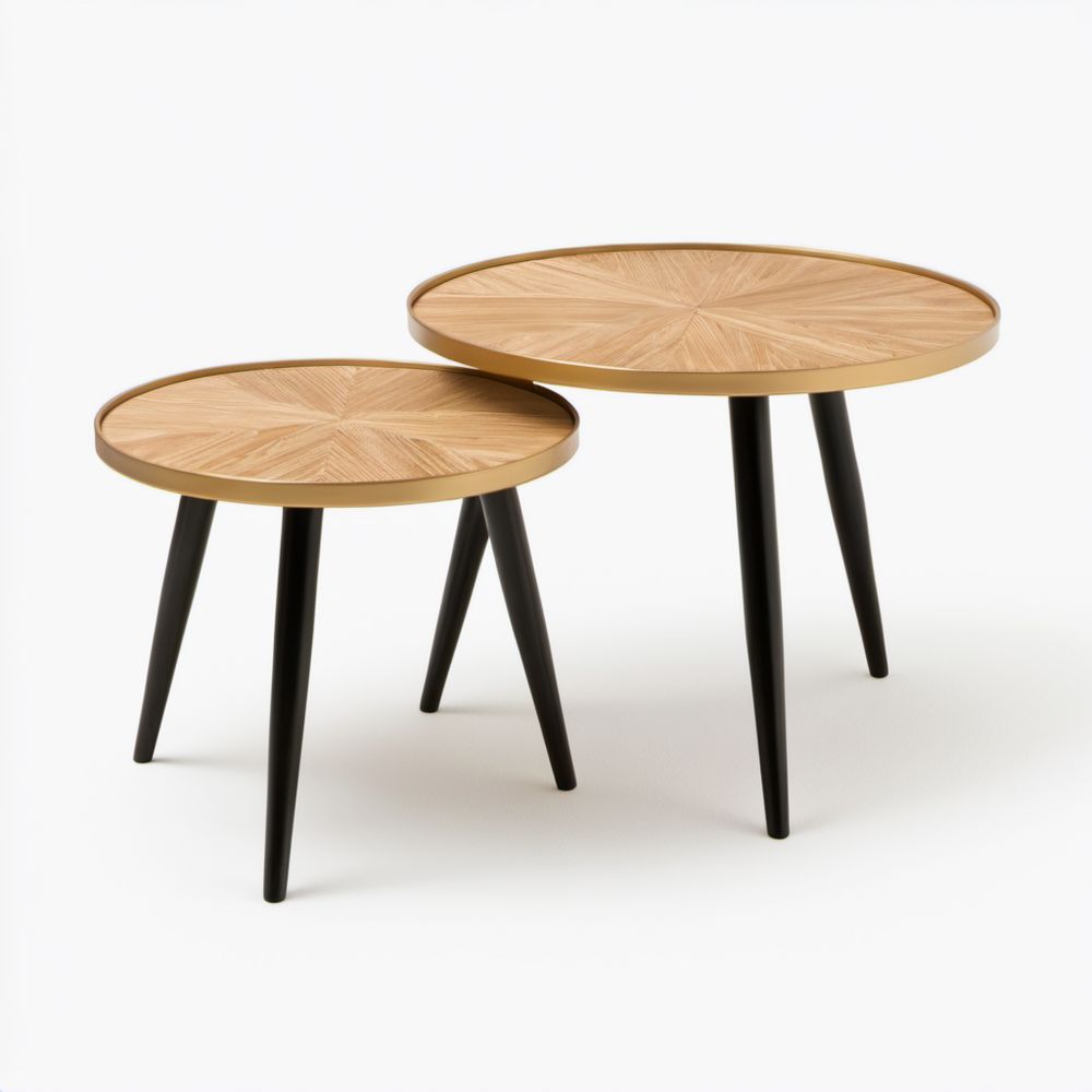 Zestaw 2 okrągłych stolików kawowych z MDF i stalowymi nogami, dębowy/złoty/czarny, Ø80 x 55 cm i Ø60 x 45 cm